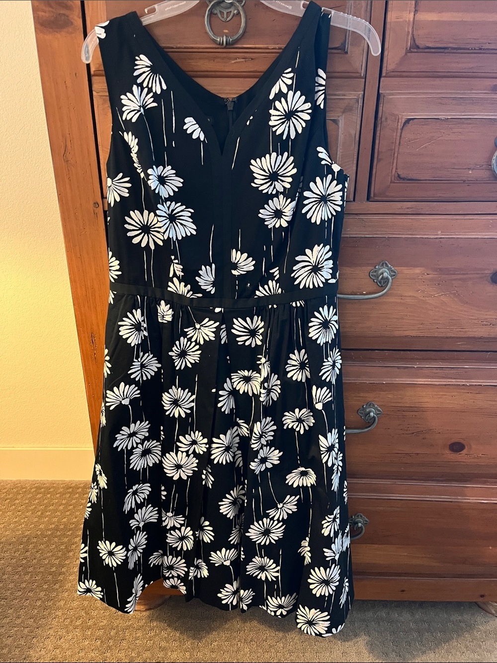 Talbots Black Midi Dress with White Daisy Print NWOT